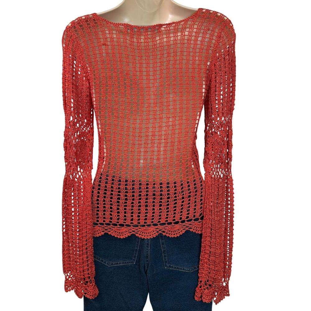 Bettie Paige Orange Crochet Long Sleeve Top Scoop neck - Picture 3 of 14
